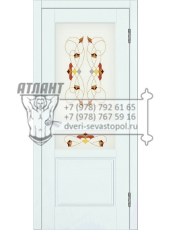 Доступные двери модель Афродита-2 ПО рис Шервуд заливной витраж ПВХ (ясень белый)