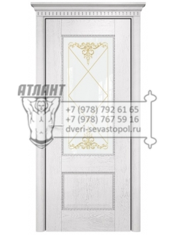 Межкомнатная дверь Classic Александрия 2 ПО шпон Белая эмаль патина серебро, контурный витраж золото